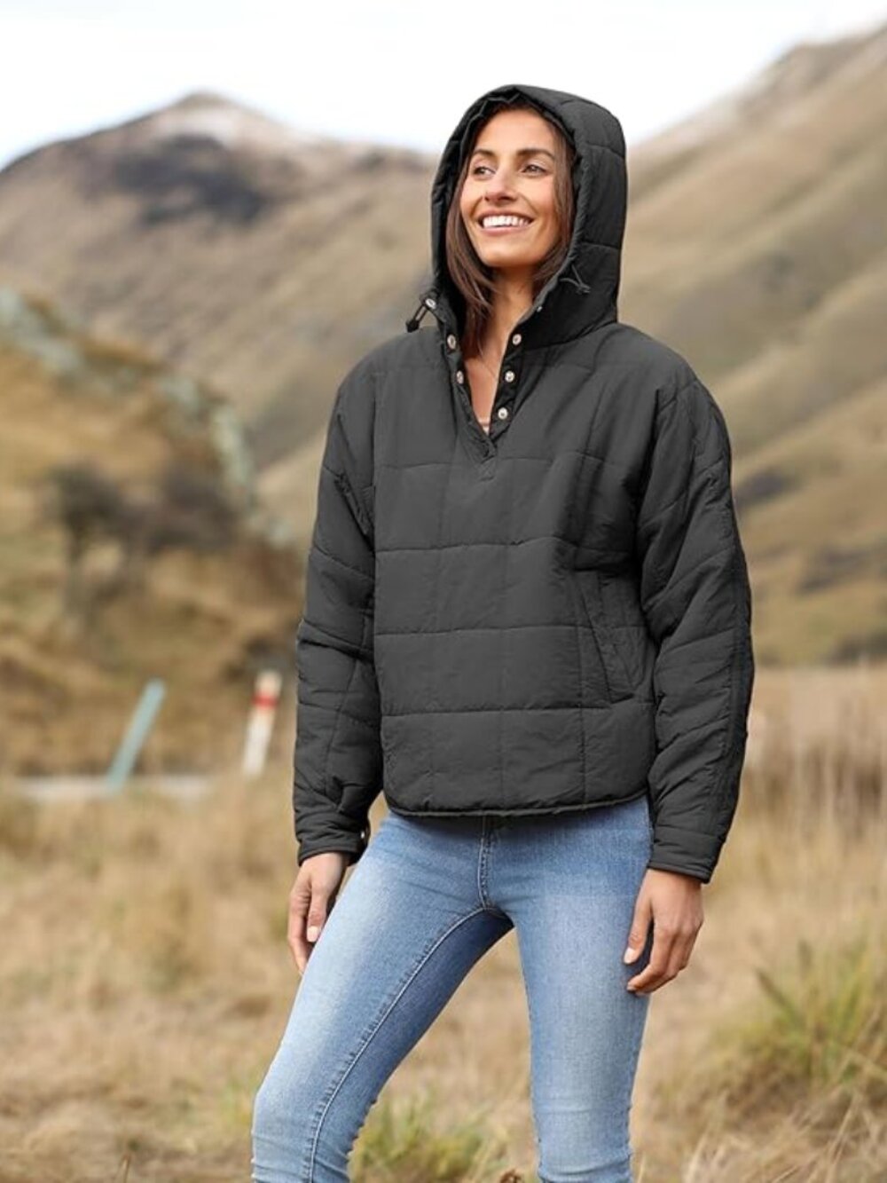 Oversized Quilted Hooded Puffer Jacket Black Large L Lightweight Pullover Coat